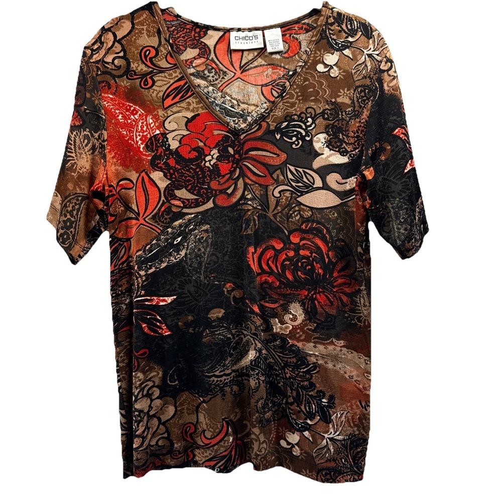 Chicos Travelers Women's Top Size Medium Colorful Orange Black Artsy Stretch - Picture 1 of 7